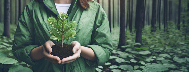 A person holds a young plant in soil, symbolizing growth. Natural forest backdrop. Care is shown for the environment by nurturing a sapling. Sustainability is evident in the verdant setting.