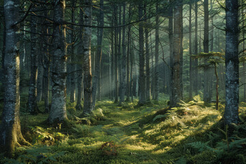 A forest scene where feathering techniques create soft, dappled light filtering through dense tree b