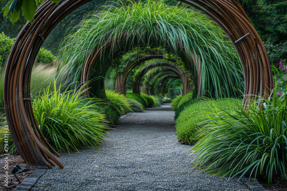 Aufkleber a garden path bordered with grasses and flexible sculptures that sway with the wind, giving the impr