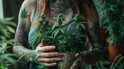 TATTOOED WOMAN with her cannabis cultivation at home - obrazy, fototapety, plakaty
