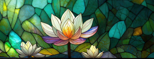 Stained glass image showing blooming lotus flowers. Water lily blossoms are displayed with a play of light and color, evoking tranquility and beauty.
