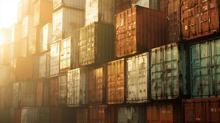 Stacked shipping containers at sunset.