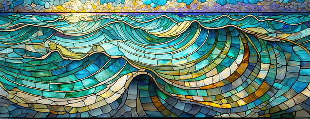 Stained glass depiction of ocean waves under sunlight. Artistic representation of sea water.