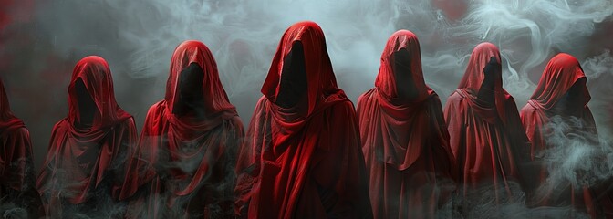 Mysterious red hooded figures in smoky ambiance