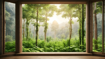 Nature's Tranquil Escape: A Lush Forest Framed by a Window, Perfect for Eco-Tourism and Nature Retreats - Relaxation in the Photo Real World