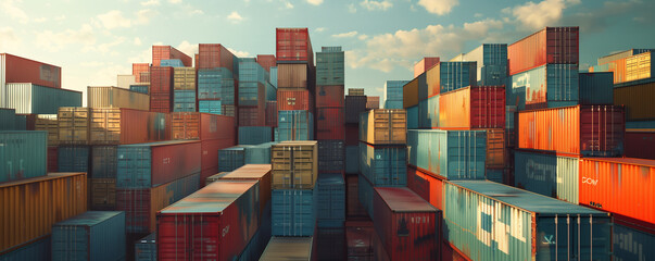 Vibrant stacked shipping containers at a commercial port.