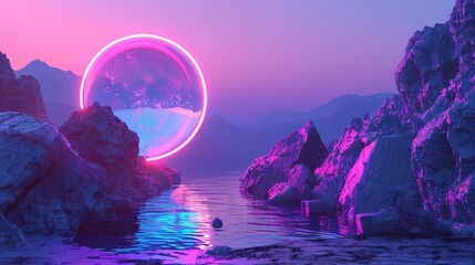 Serene neon sunset over a mystic mountainous lake landscape