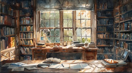 Watercolor painting of a serene home library bathed in warm sunlight filtering through a large window.