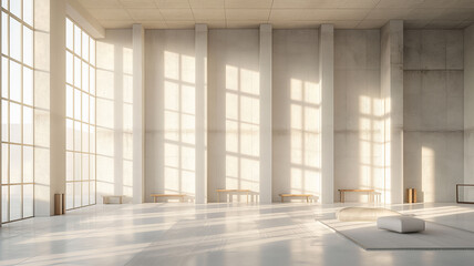 A large, empty room with a lot of windows and a white wall