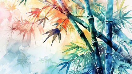 Vibrant watercolor bamboo forest with colorful backdrop