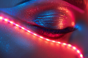 A makeup tutorial series featuring neon eyeshadows and liners, demonstrated against a backdrop of so - obrazy, fototapety, plakaty