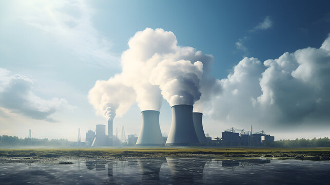 Typical nuclear reactor in the distance power energy on a blue sky and smokey background
