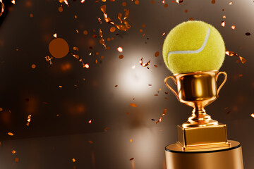 Winner's gold cup on a pedestal with a tennis ball. 3d rendering