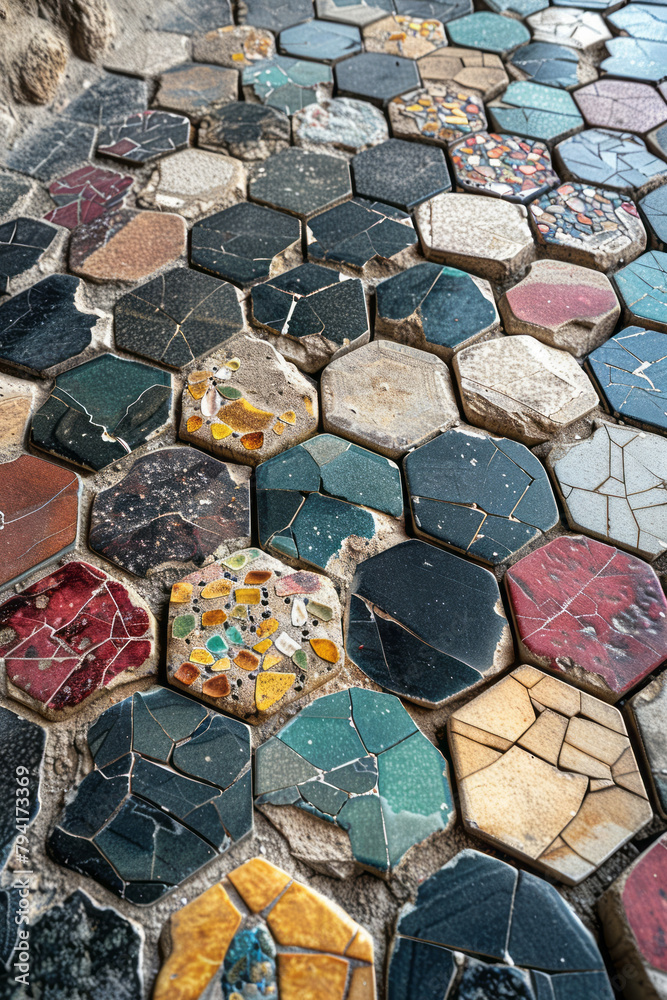 Fototapete a mosaic floor where interlocking hexagons slowly transition into chaotic, broken tessellations, rep