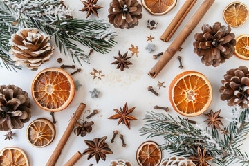 Obraz na płótnie Canvas A table with a variety of spices and pine cones. The pine cones are arranged in a row and are surrounded by cinnamon sticks and orange slices. The table is set for a holiday meal or gathering
