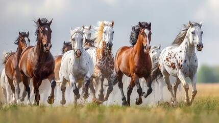 American Paint Horse Running in Herd, White Background