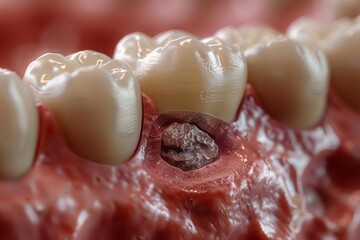 Close-up on a molar with caries, highlighting the affected enamel and dentin