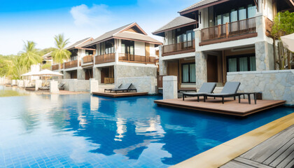 Fototapeta premium A resort with modern villas on the side of a serene blue swimming pool