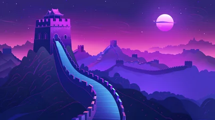 Poster Donkerblauw The Great Wall of China with simple background and purple and blue gradient color scheme. Flat illustration style. 