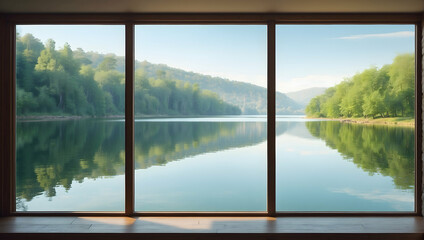Serene Lake Reflection Captured Through a Window, Conveying Tranquility and Clarity - Relaxation Concept