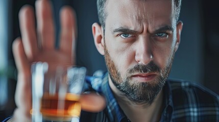 Adult man rejecting glass of whiskey with determined expression - obrazy, fototapety, plakaty