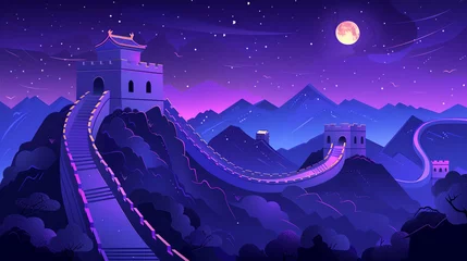  The Great Wall of China with simple background and purple and blue gradient color scheme. Flat illustration style.  © Aisyaqilumar