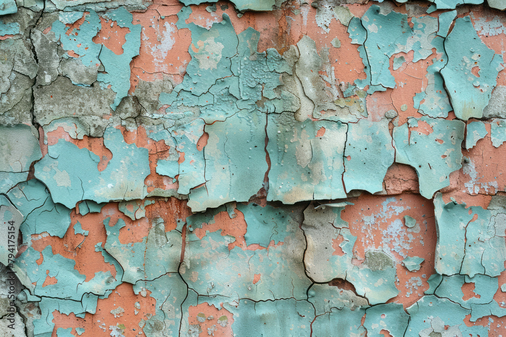 Poster a photograph of a wall with peeling paint, symbolically representing the slow process of radioactive