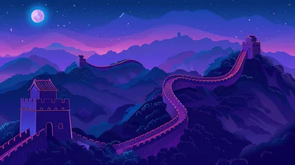 Muurstickers The Great Wall of China with simple background and purple and blue gradient color scheme. Flat illustration style.  © Aisyaqilumar