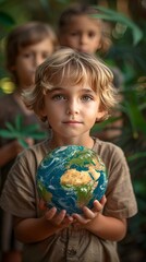 Harmony Among Nations: Group of Children Holding Earth Globe for International Day of Peace
