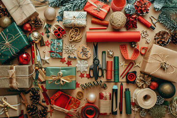A table full of Christmas decorations including ribbons, scissors, and a variety of gifts. The table is covered in a mix of red and green items, creating a festive and joyful atmosphere