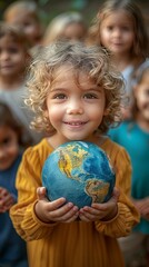International Day of Peace Concept: Group of Children Holding Earth Globe in Blurry Nature