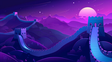 The Great Wall of China with simple background and purple and blue gradient color scheme. Flat illustration style. 