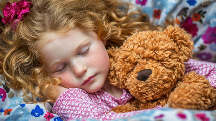 Fototapeta na wymiar Cute little redhead girl sleeping with soft toy.