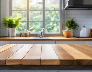 Empty wooden top table in kitchen with blurred window background in the morning