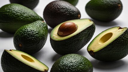 Collection of avocados displayed, with one fruit halved to reveal seed, creamy interior. Skins dark green, textured surface contrasts with soft, pale green flesh inside.