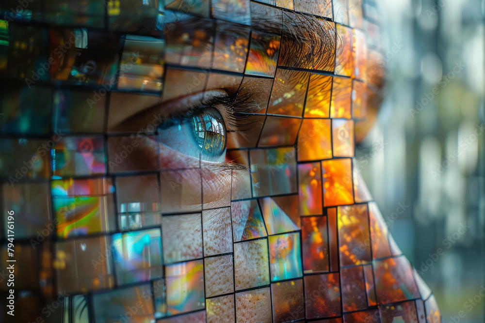 Aufkleber A pixel mosaic that gradually reveals a hidden portrait as the viewer steps back, showing how perspe