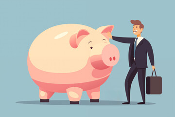 Business graphic vector modern style illustration of a business person with a piggy bank representing investing saving cash money funds frugal accounting end of year report statement finance - obrazy, fototapety, plakaty