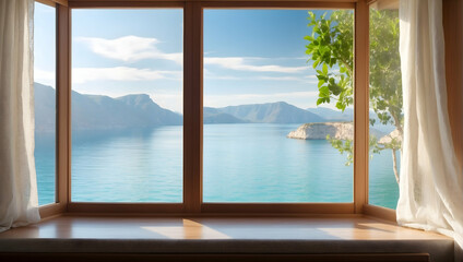 Tranquil Vista: A Serene Window View, Ideal for Promoting Peaceful Getaways in Travel Agencies' Relaxation Areas