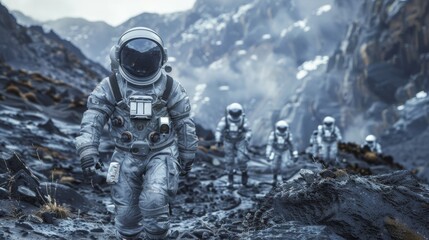 Adventurous astronauts in high-tech space suits confidently trekking through the rugged terrain of a newly discovered planet.