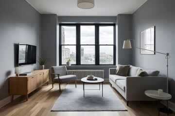 Fototapeta premium Minimalist living room with gray walls, chic furnishings, large window, city view, wooden cabinet, light wood floor