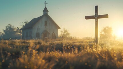 serene ambiance with a cross standing in front of a church, bathed in soft morning light against a...