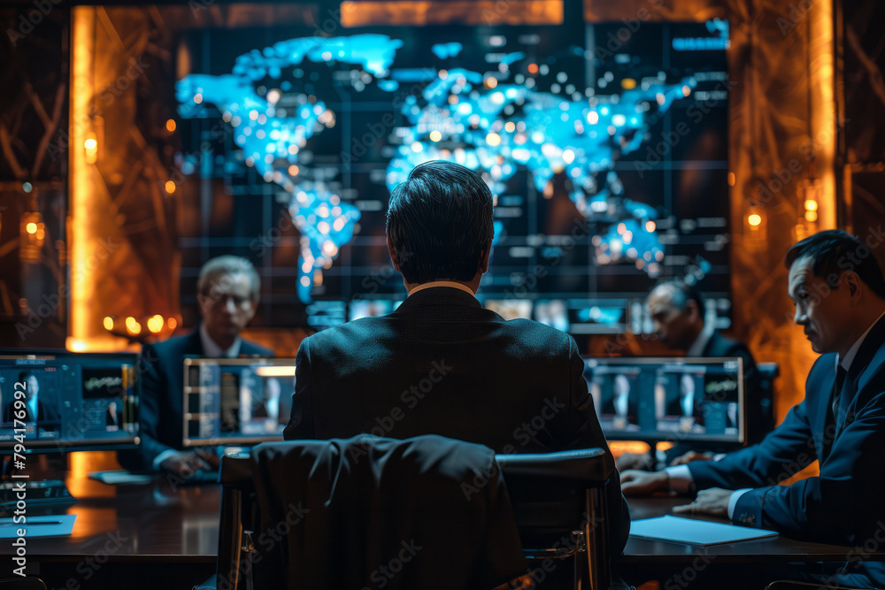 Poster a scene depicting a secure video conferencing meeting where financial executives discuss investment