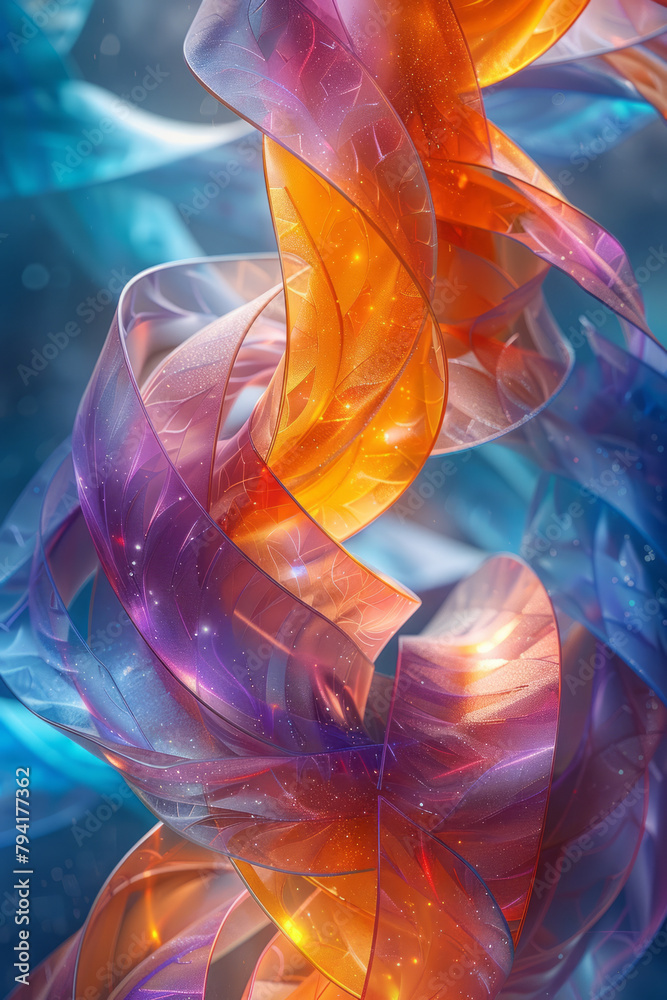 Poster A scene illustrating a 3D rendering of an abstract structure made from intertwined ribbons of primar
