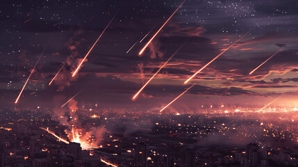 A city is destroyed by a meteor shower. The sky is filled with bright lights and the ground is covered in debris. Scene is one of destruction and chaos