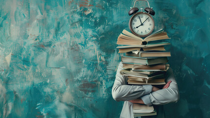 Tired woman with a stack of books, chaos of papers and clock on his head, concept of time management, baggage of knowledge, overwork, cyber hygiene, contemporary art collage, Generative AI