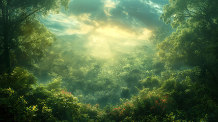 A lush green forest with a bright sun shining through the trees - obrazy, fototapety, plakaty