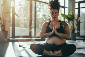 plus size woman doing yoga or meditating in bright studio, weight loss concept - obrazy, fototapety, plakaty