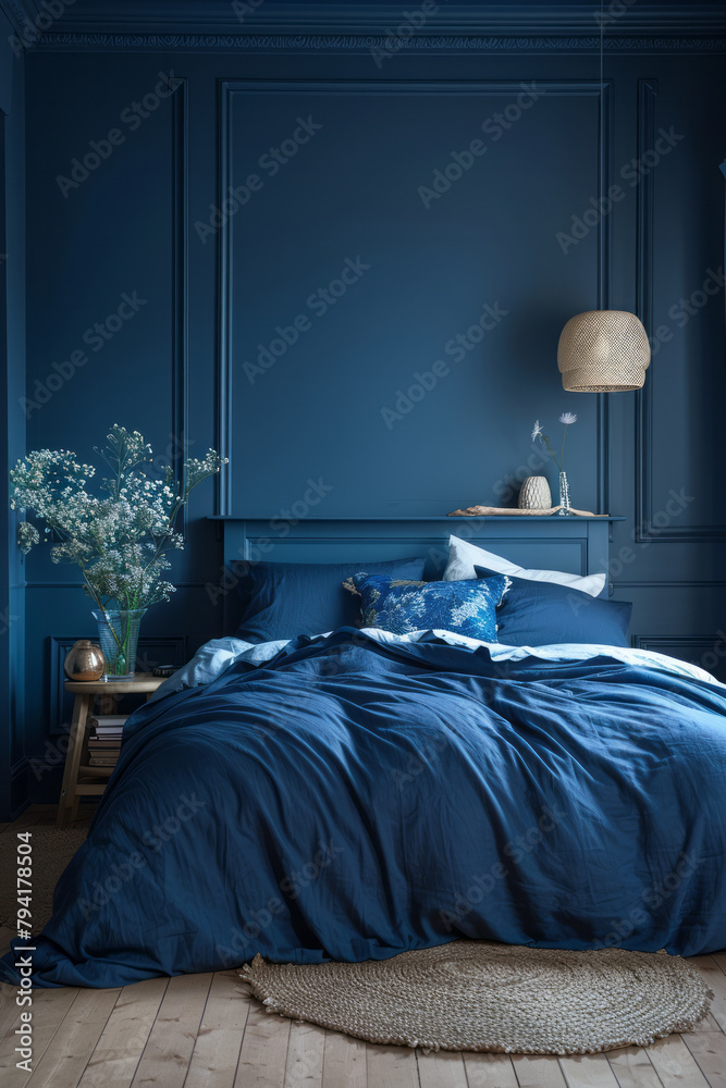 Poster a serene bedroom where every element, from the walls to the bedding, fades from deep navy at the flo