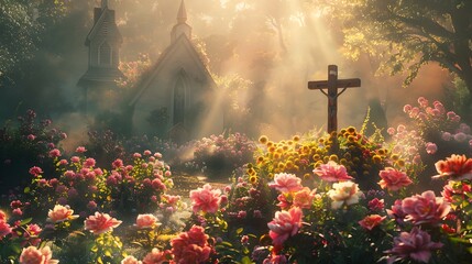 spiritual atmosphere with a cross standing in front of a church, nestled among colorful flowers in a garden bathed in afternoon sunlight.