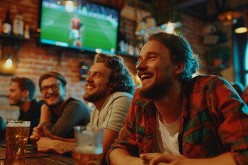 happy football fans with beer celebrating goal in the pub